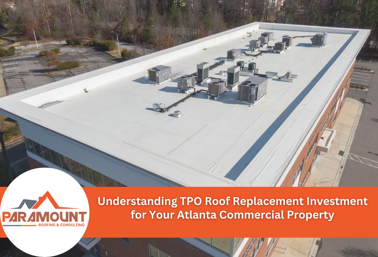 Aerial view of white TPO commercial roof with HVAC units on Atlanta building showing professional roofing work