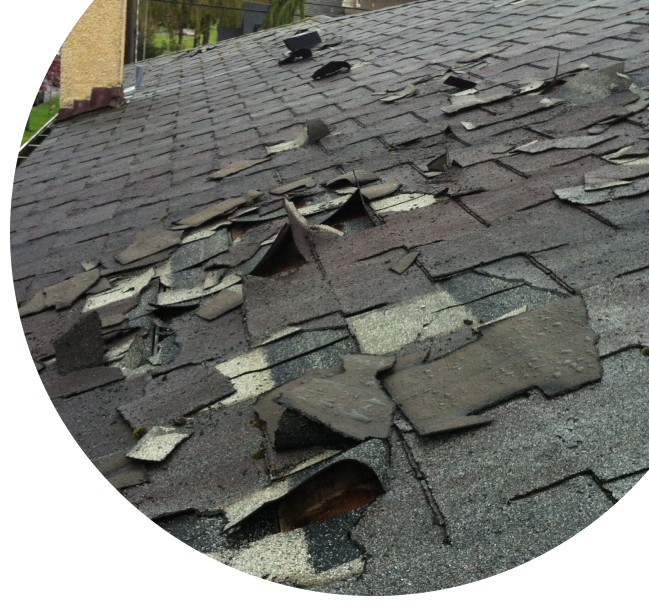 Severely damaged asphalt shingle roof with missing, curled, and broken shingles exposing underlayment