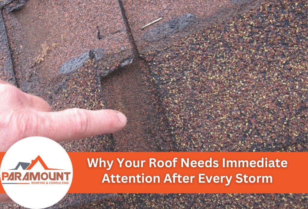 Hand Pointing To Hail Damage On Asphalt Roof Shingles After Storm Damage Inspection