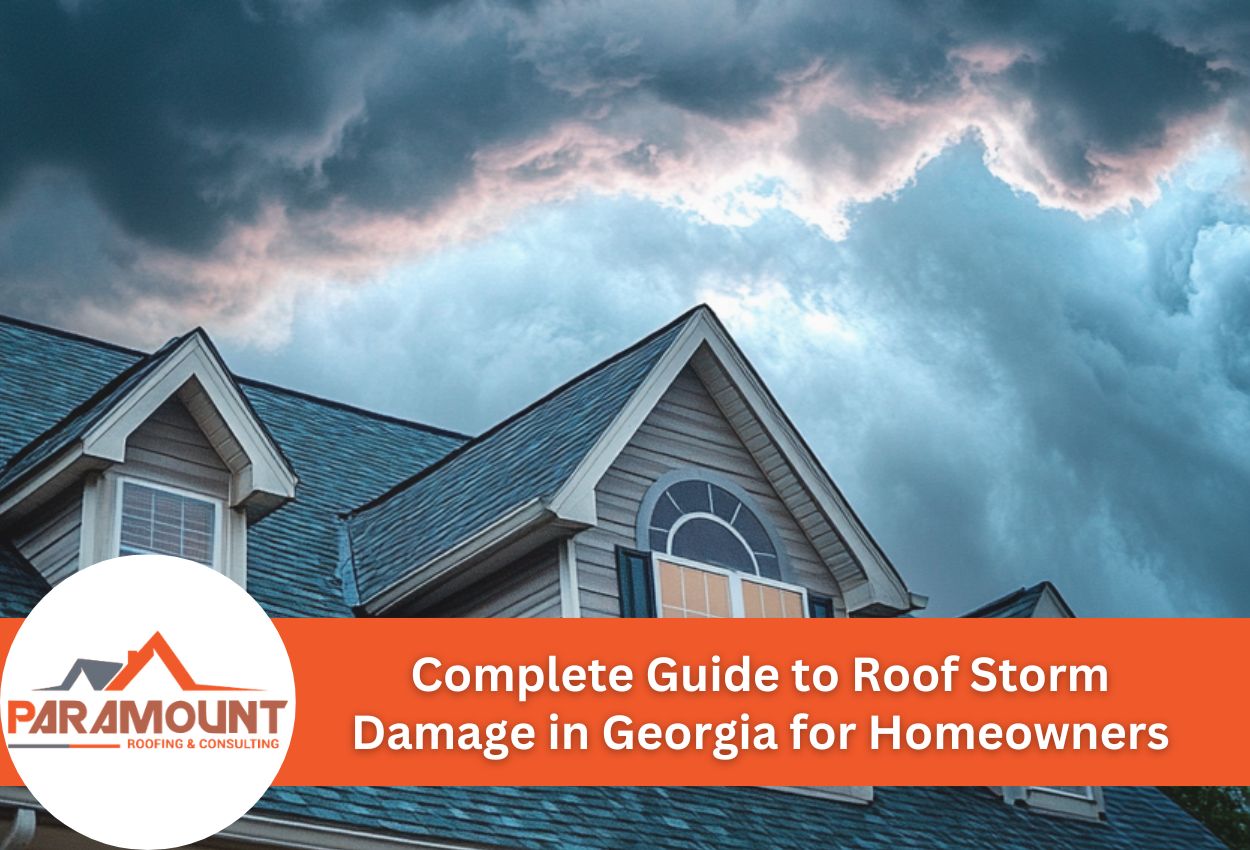 Stormy sky over house roof, highlighting potential storm damage.