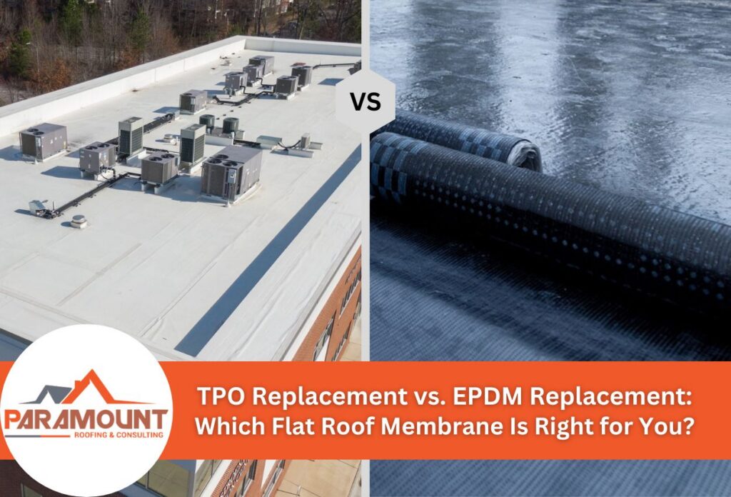 Comparison of TPO and EPDM roofing membranes with HVAC units on a flat roof.