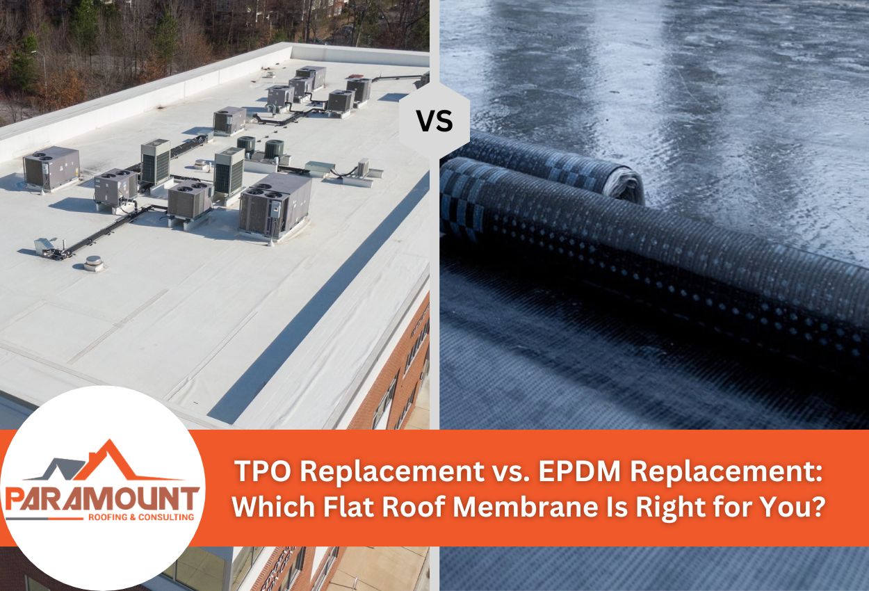 Comparison of TPO and EPDM roofing membranes with HVAC units on a flat roof.