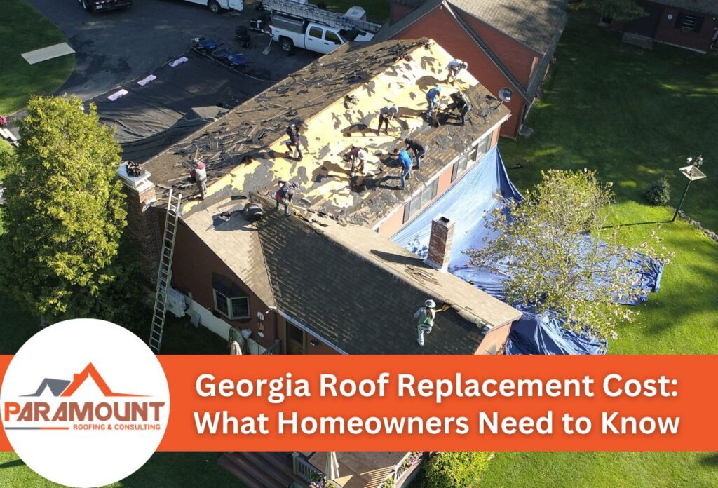 Aerial view of workers replacing a home's roof in Georgia sunshine