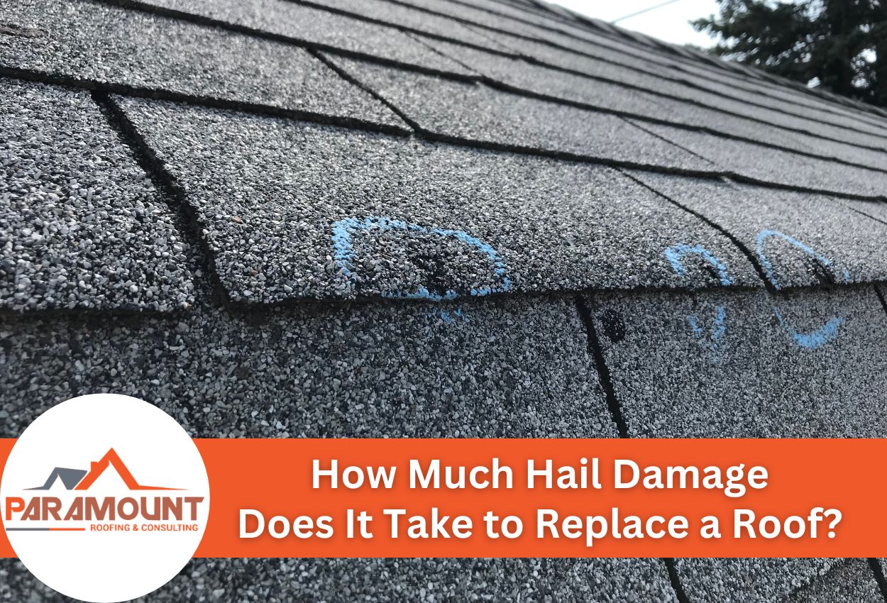Close-up of roof shingles with blue chalk marks indicating hail damage.