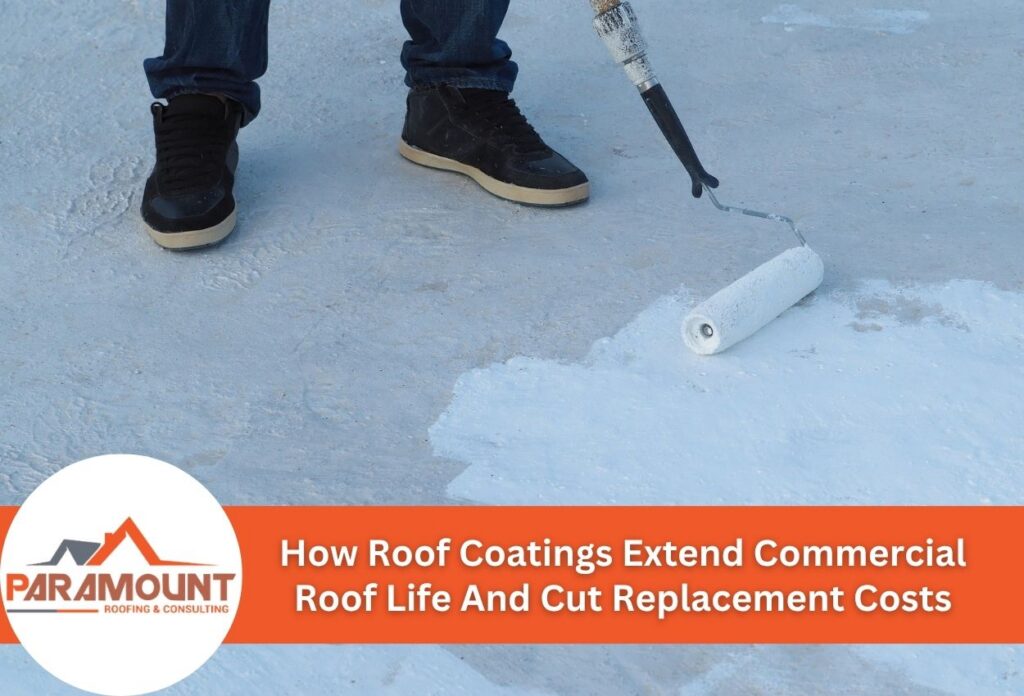 Worker applying roof coating to extend commercial roof life